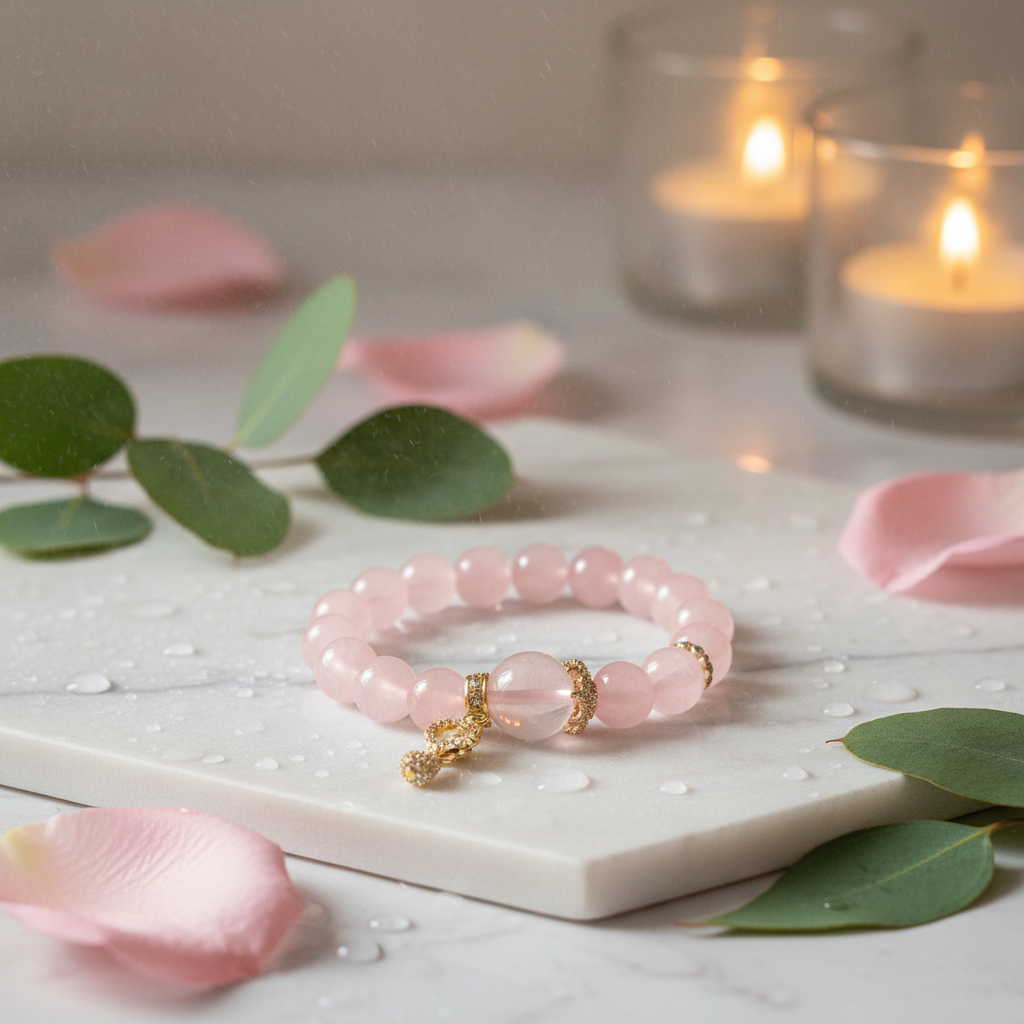Rose quartz bracelet with gold crystal charm in a spa-luxury setting with water droplets, botanical accents, and warm candlelight